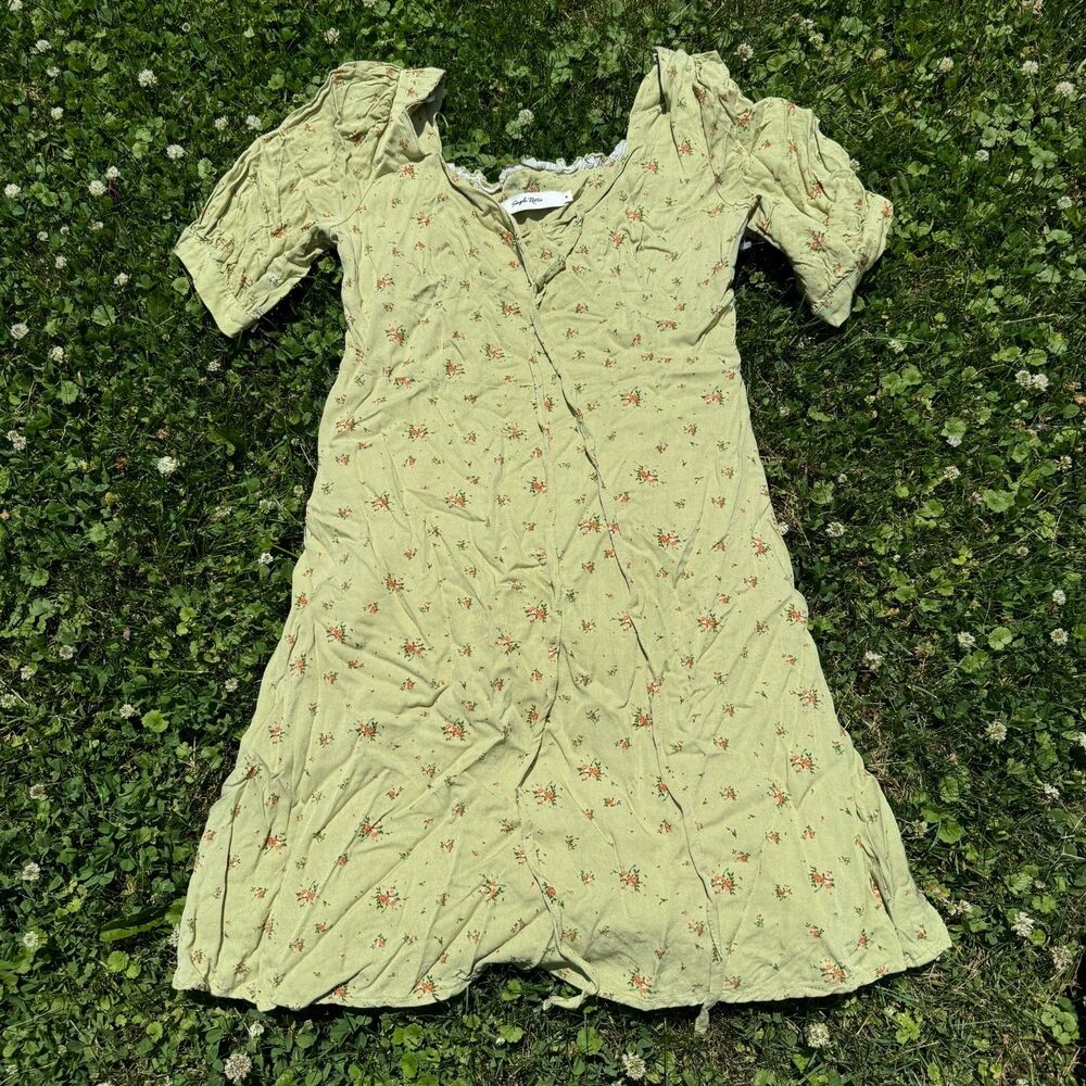 Simple Retro Green with Red Flower Short Sleeve Dress Size M